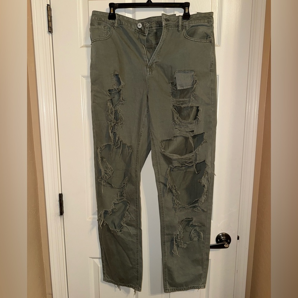 American Eagle Olive Green Distressed Mom Jeans